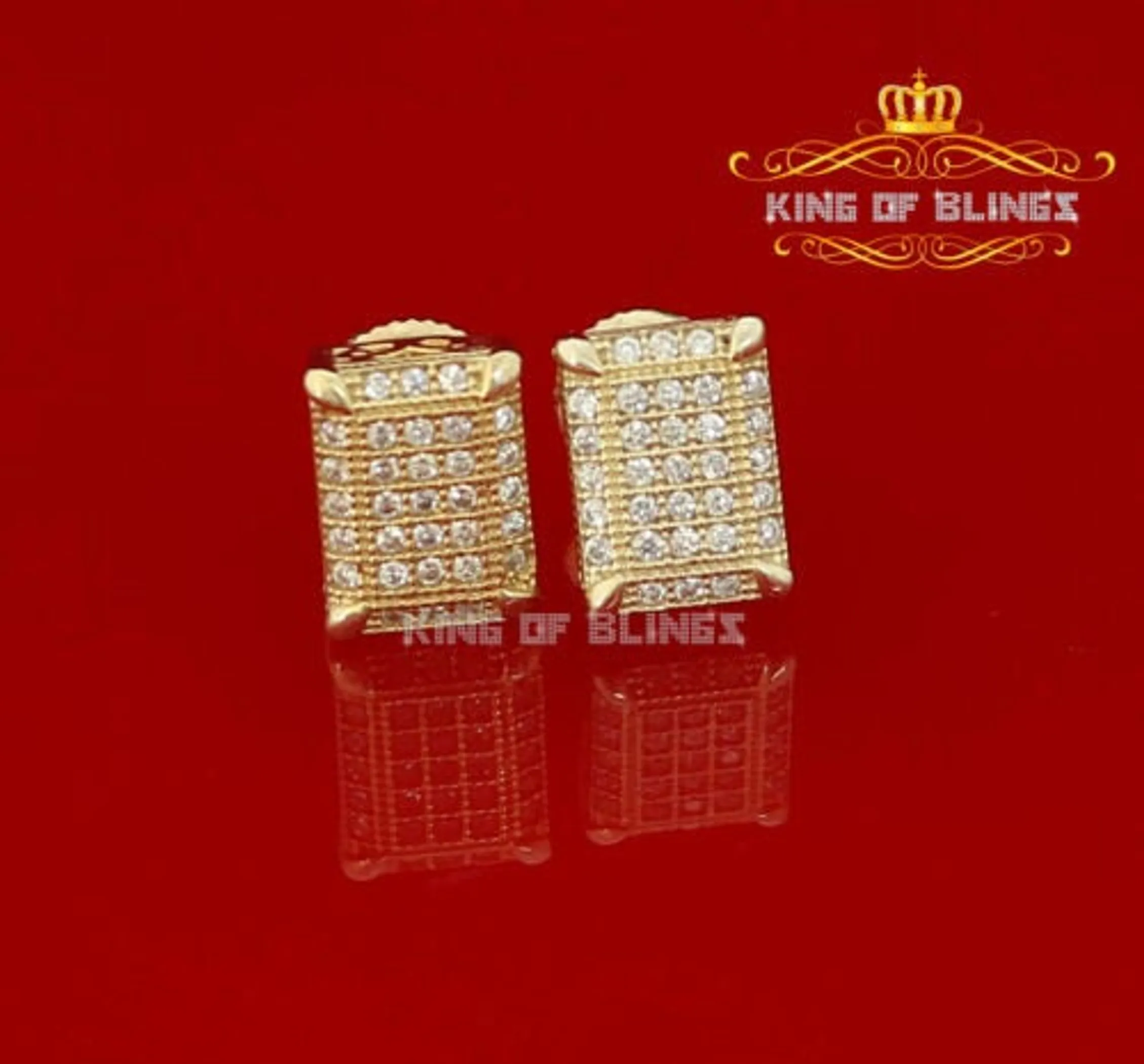 Men's Elegant Square Yellow Gold Sterling Silver Screw Back Hip Hop Stud Earrings