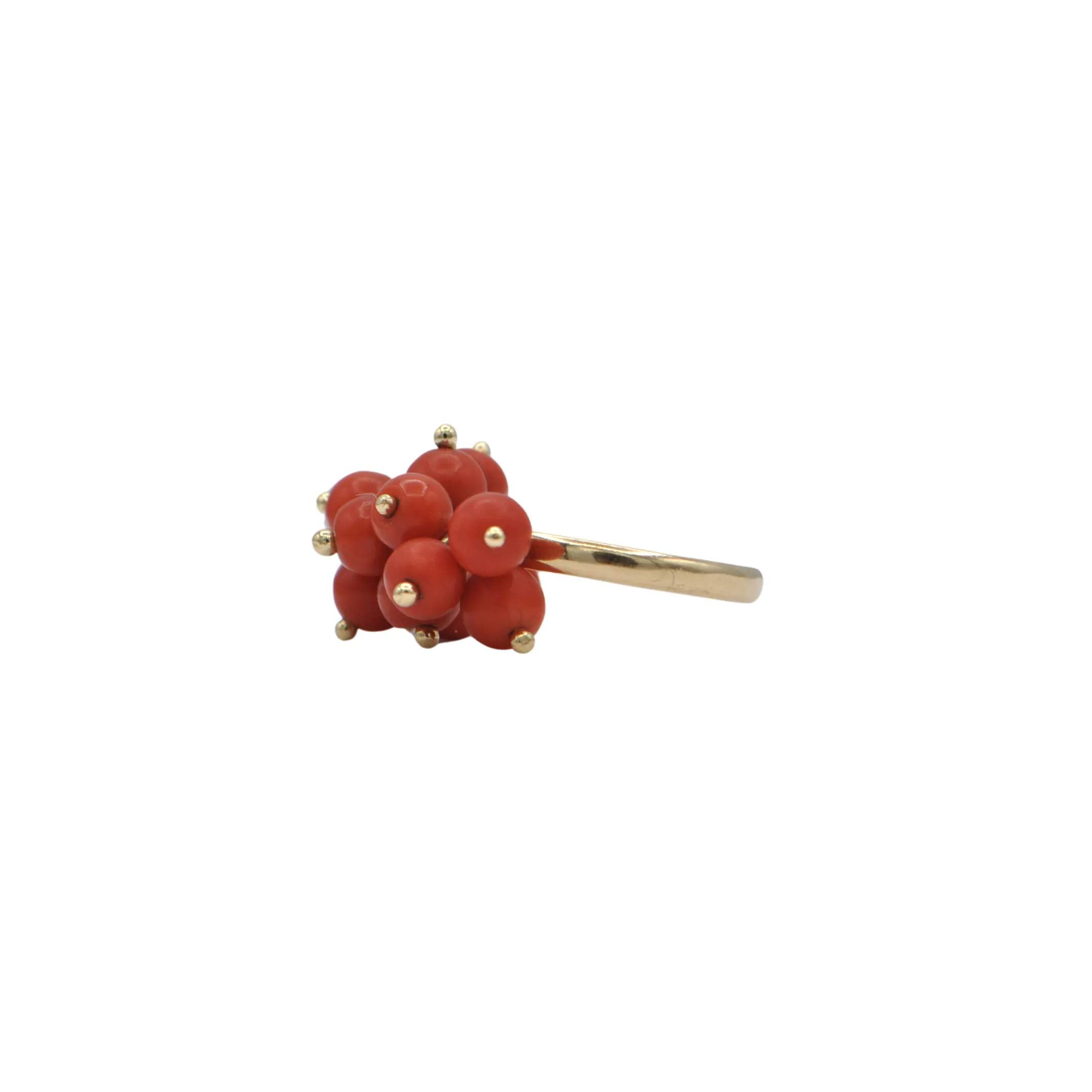 Mid-Century 18K Gold Coral Bead Cluster Ring