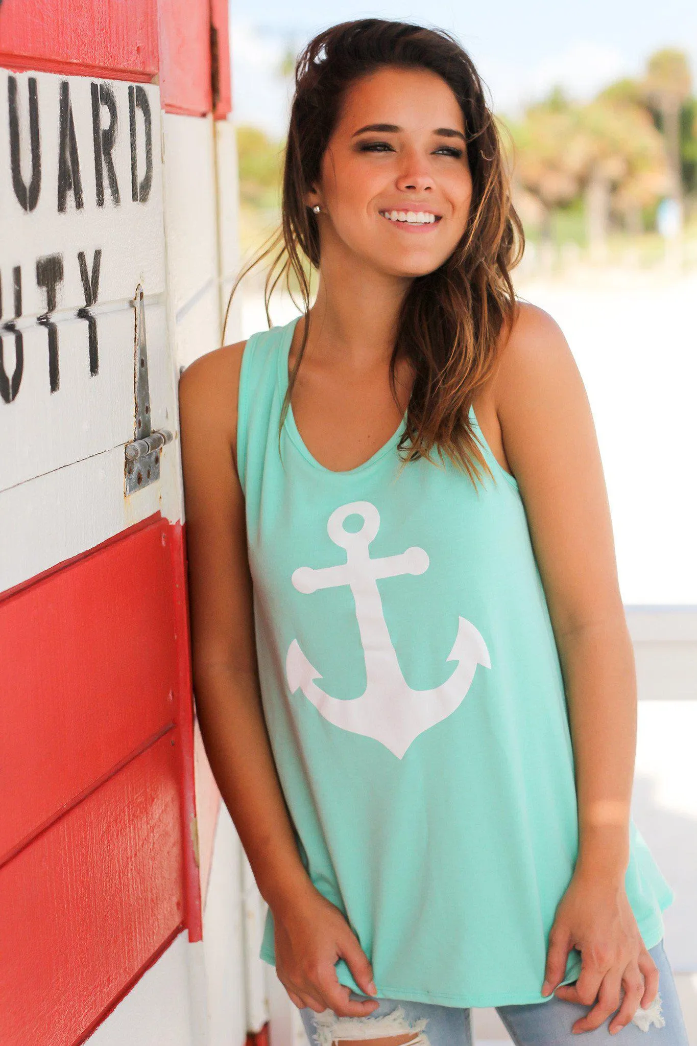 Mint Racerback Anchor Tank Top