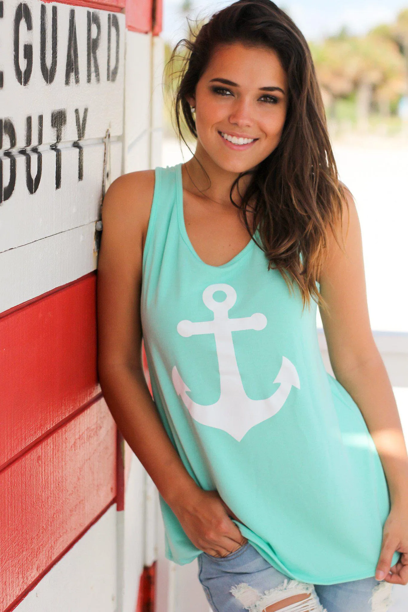 Mint Racerback Anchor Tank Top