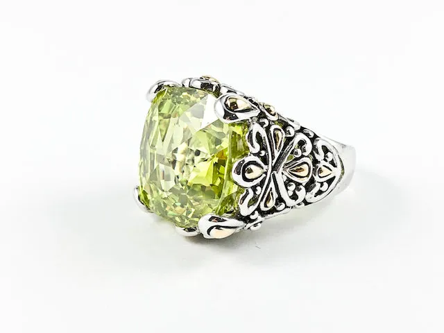 Modern Elegant Square Shape Peridot CZ Unique Band Brass Ring