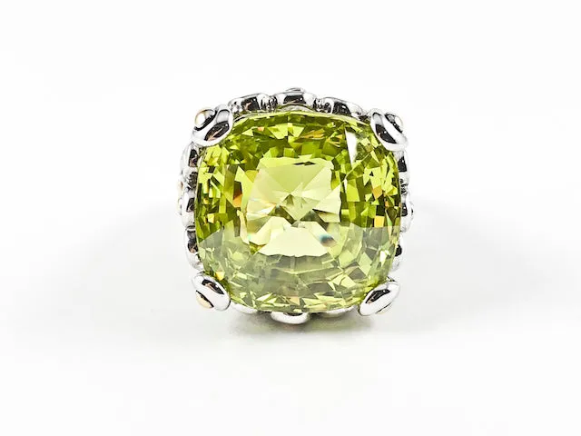 Modern Elegant Square Shape Peridot CZ Unique Band Brass Ring