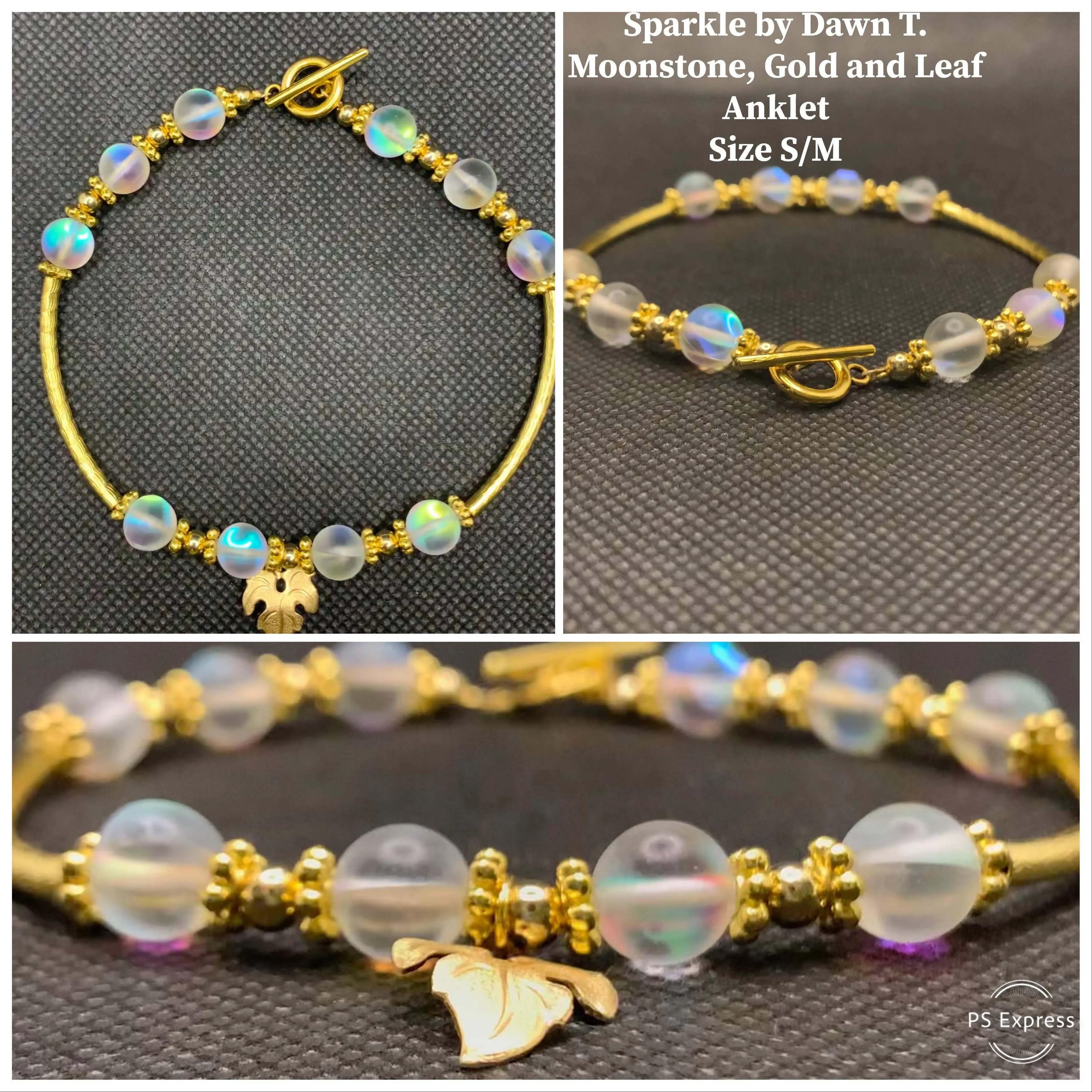 Moonstone, Gold and Leave Anklet Small-Med