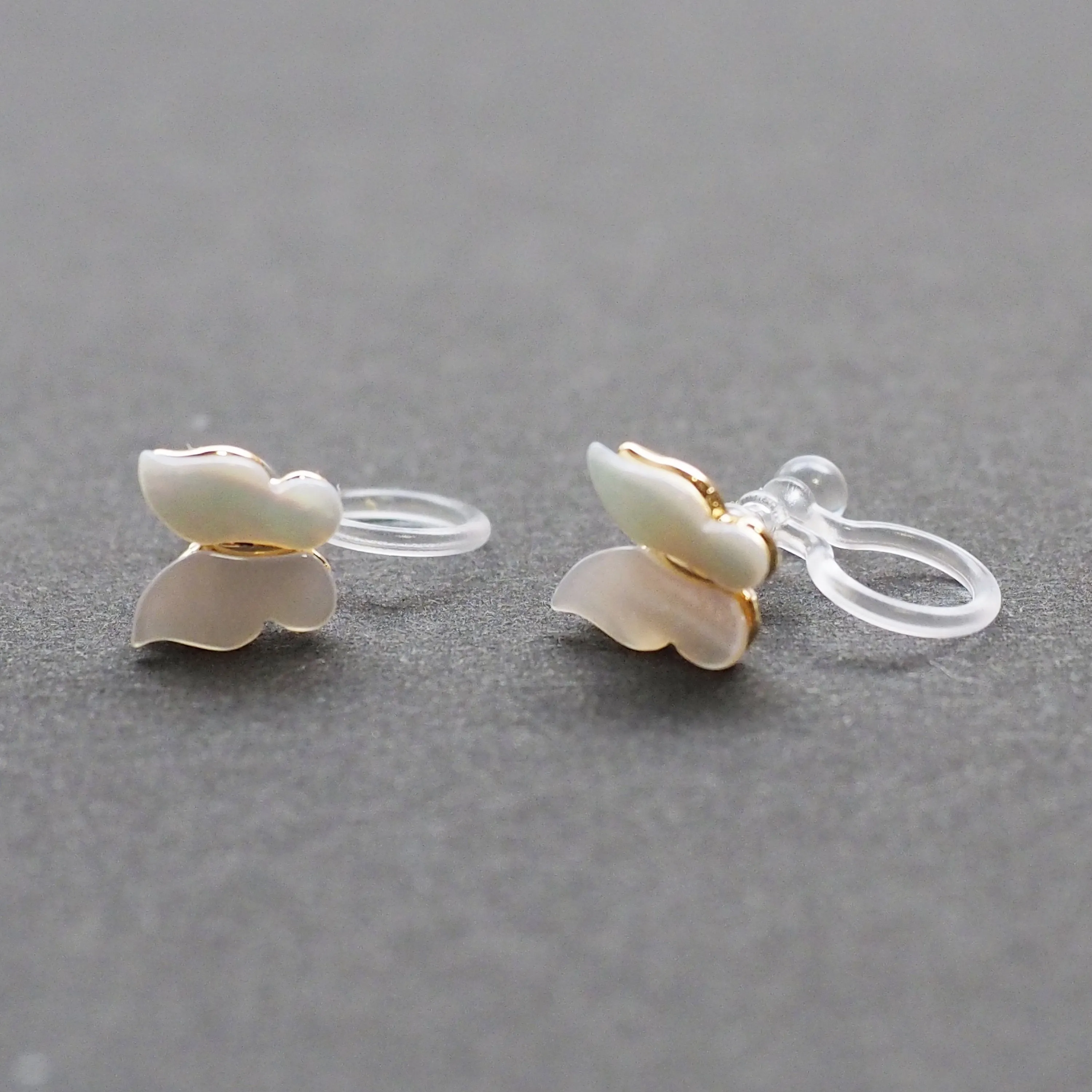 Mother Of Pearl Butterfly Invisible Clip On Stud Earrings (Gold tone)