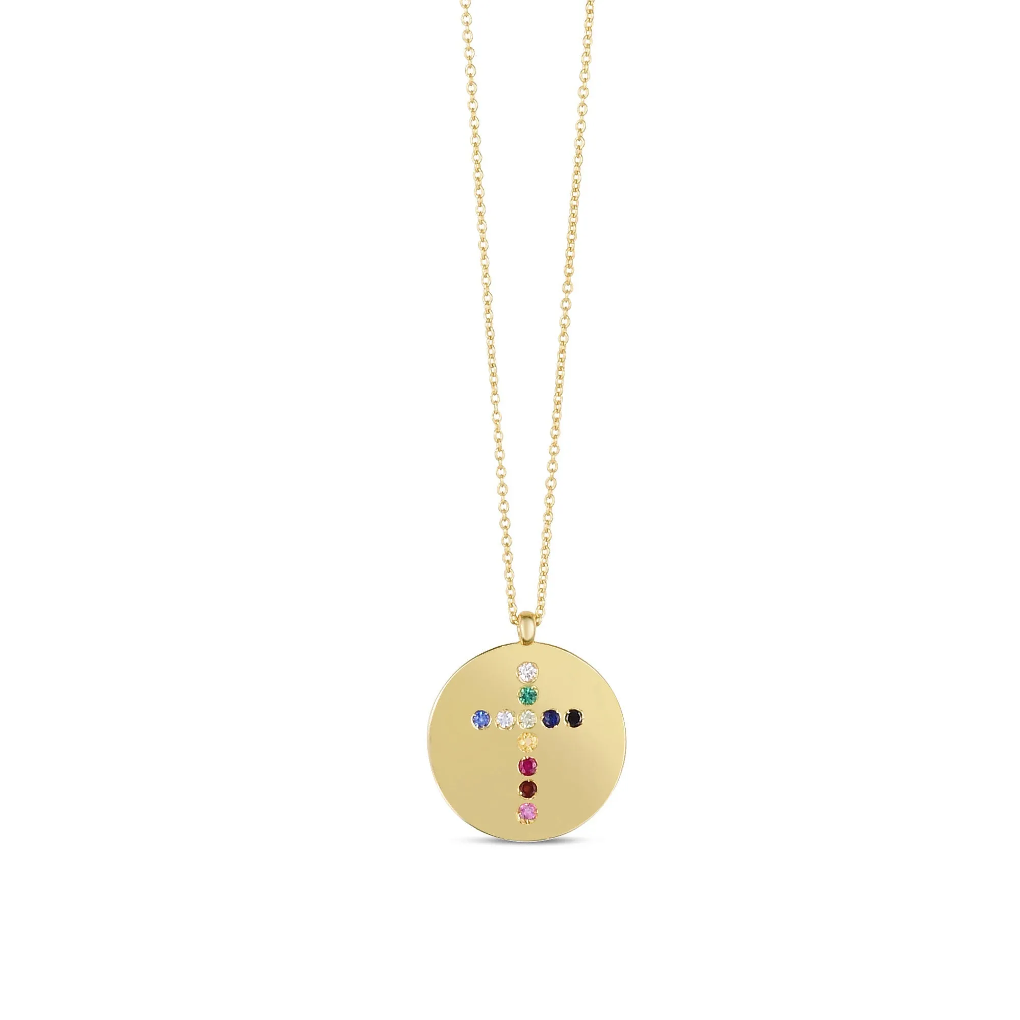 Multi-Color Gemstones and Diamond Cross Medal Necklace (14K)