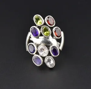 Multi Gemstone Silver Statement Ring, Garnet Tanzanite