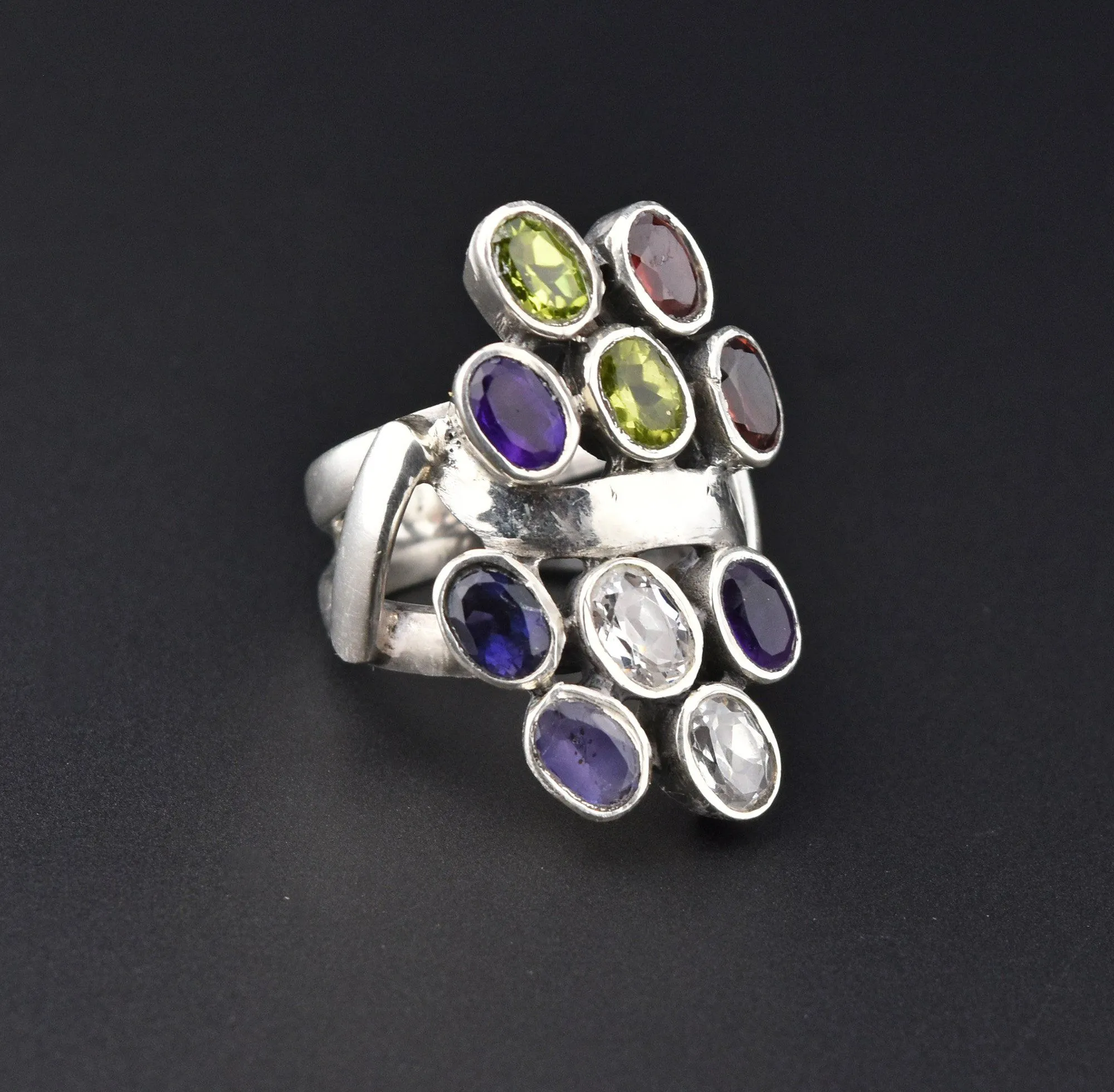 Multi Gemstone Silver Statement Ring, Garnet Tanzanite