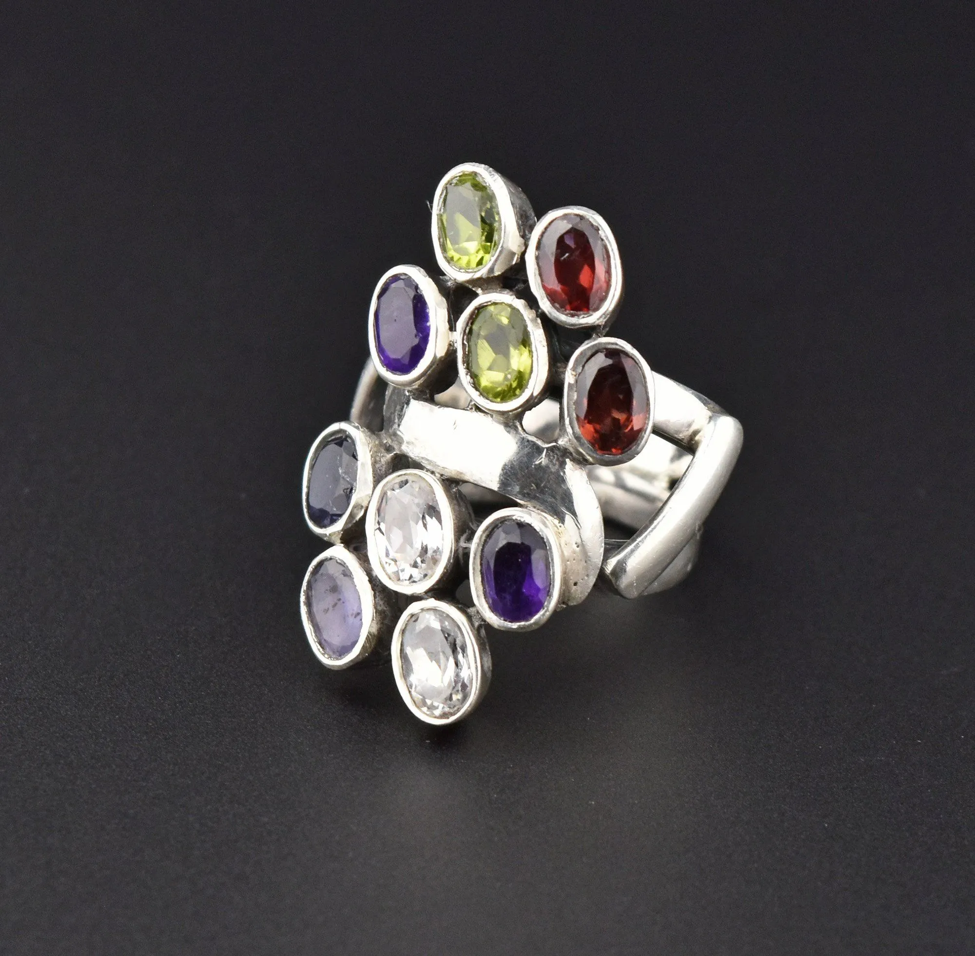 Multi Gemstone Silver Statement Ring, Garnet Tanzanite