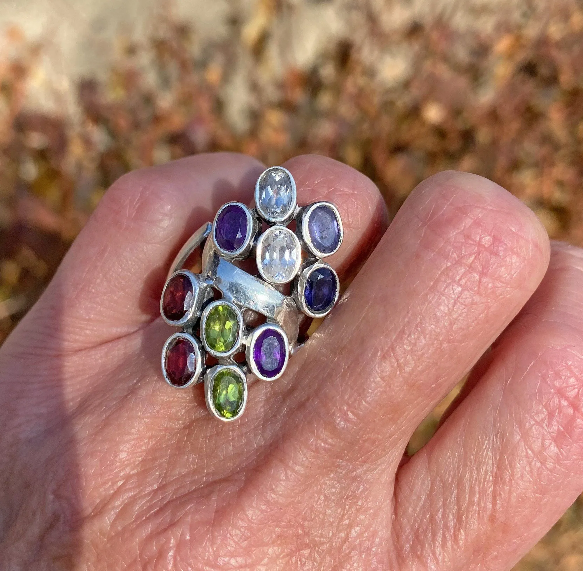 Multi Gemstone Silver Statement Ring, Garnet Tanzanite