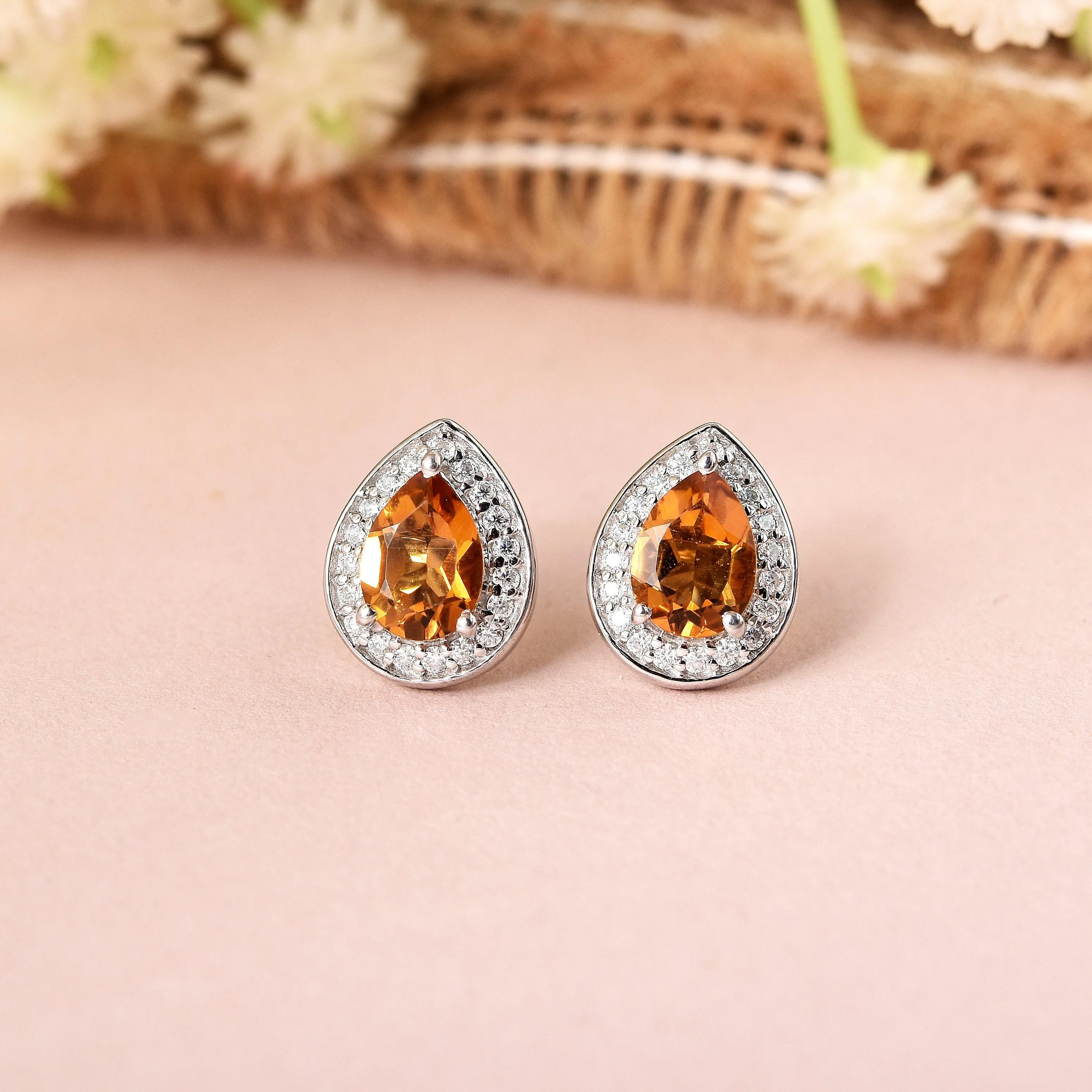 Natural Citrine Teardrop Stud Earrings