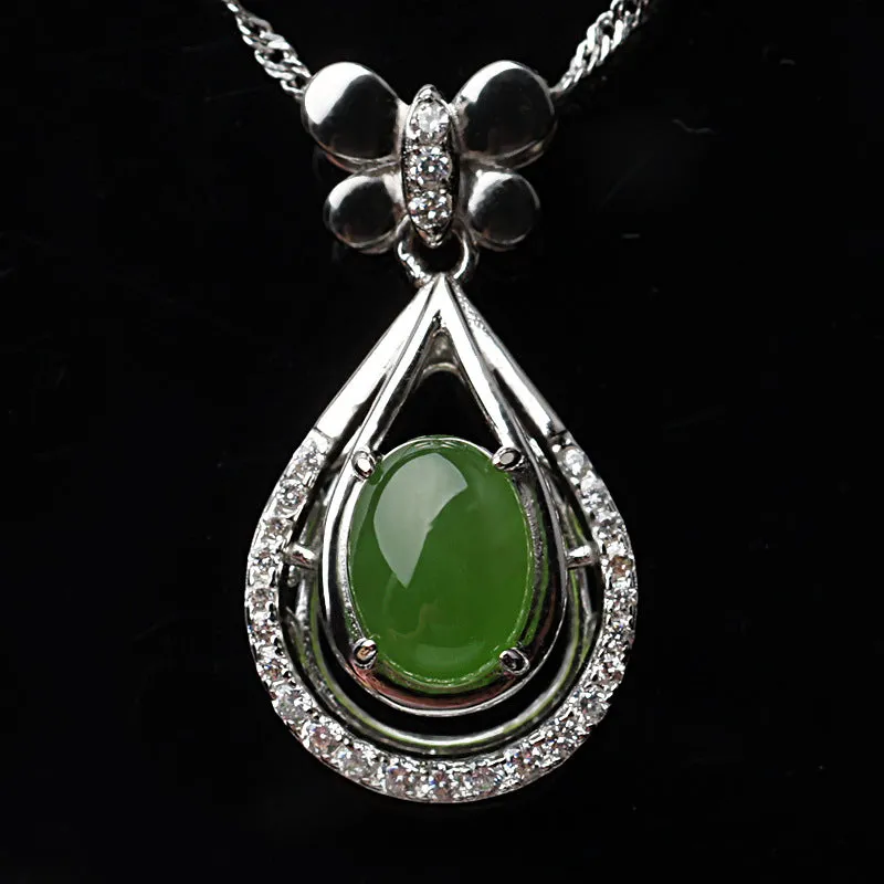 Natural Jade Pendant Nephrite Silver Zircon Pendant ZPT218