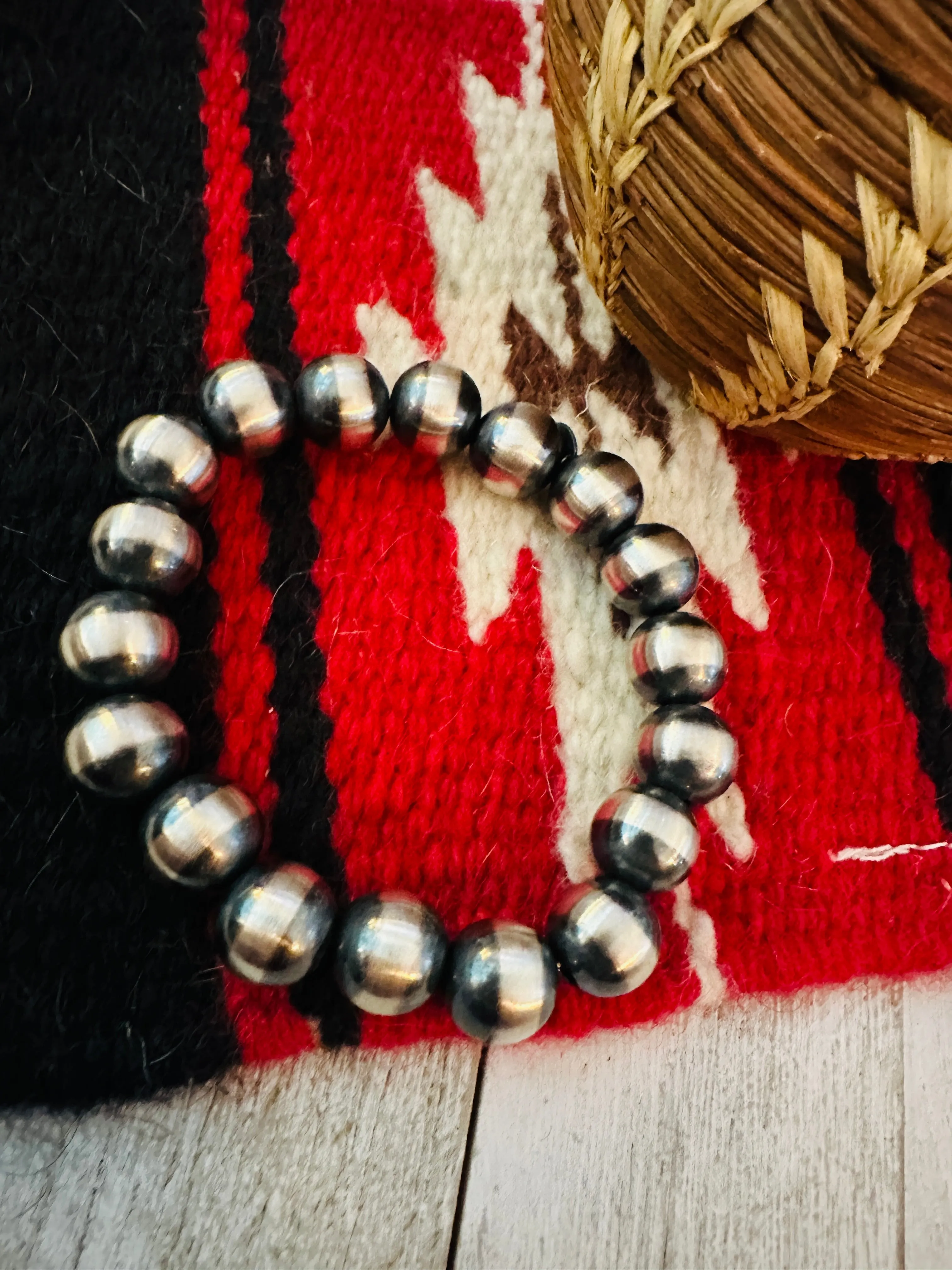 Navajo 12mm Sterling Silver Beaded Stretch Bracelet