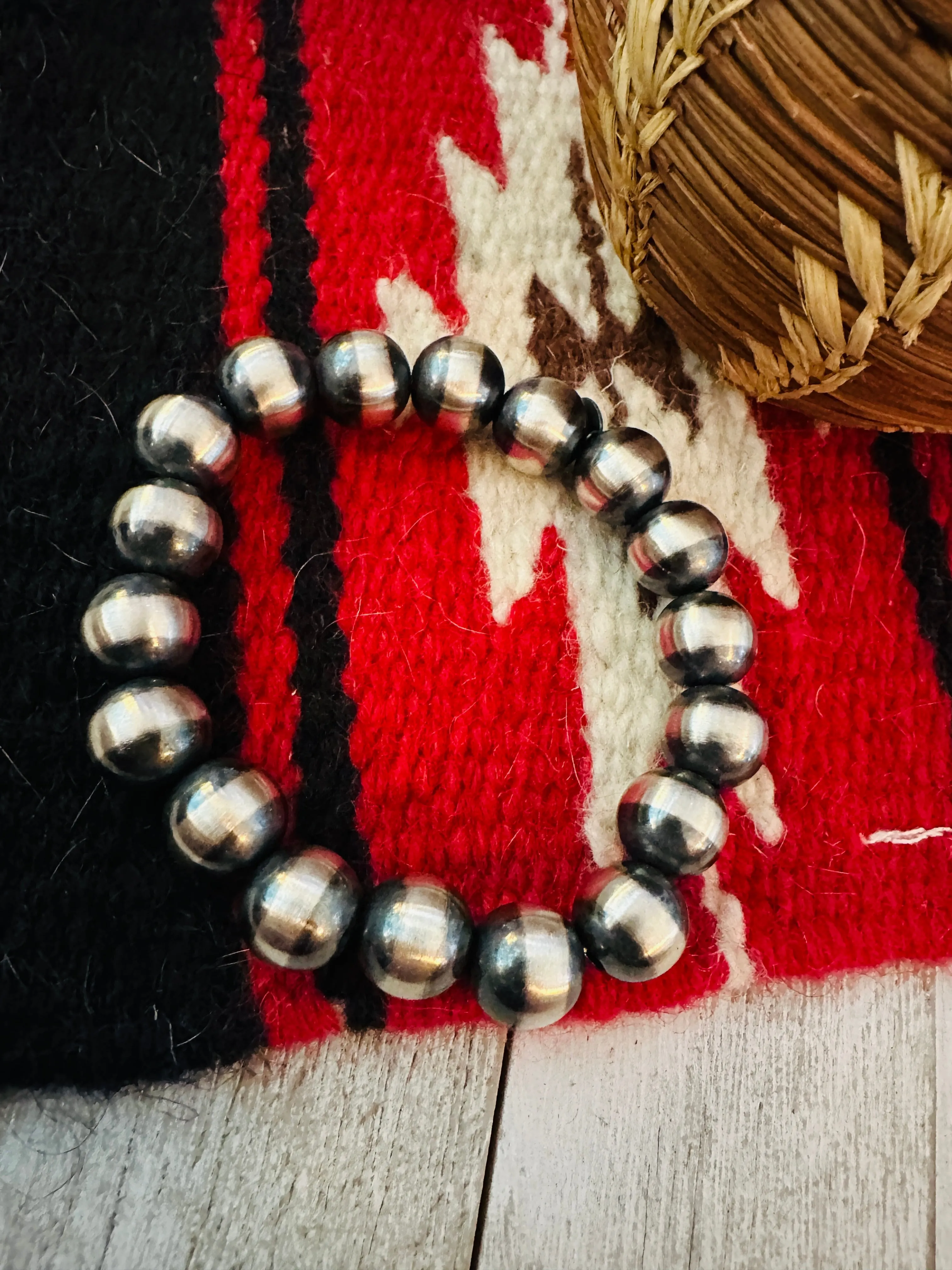 Navajo 12mm Sterling Silver Beaded Stretch Bracelet