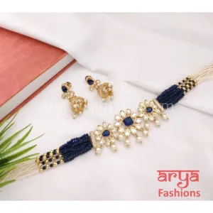 Navy Blue Jaipuri Kundan Choker/Rajwadi Pacchi Kundan Choker with Earrings