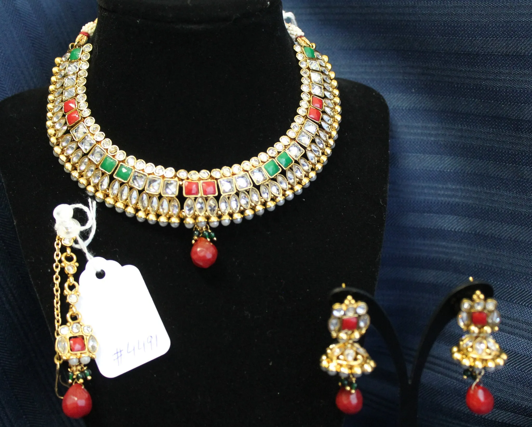 Necklace Set 4491 Golden Zircon Red Green Necklace Maang Tikka Shieno