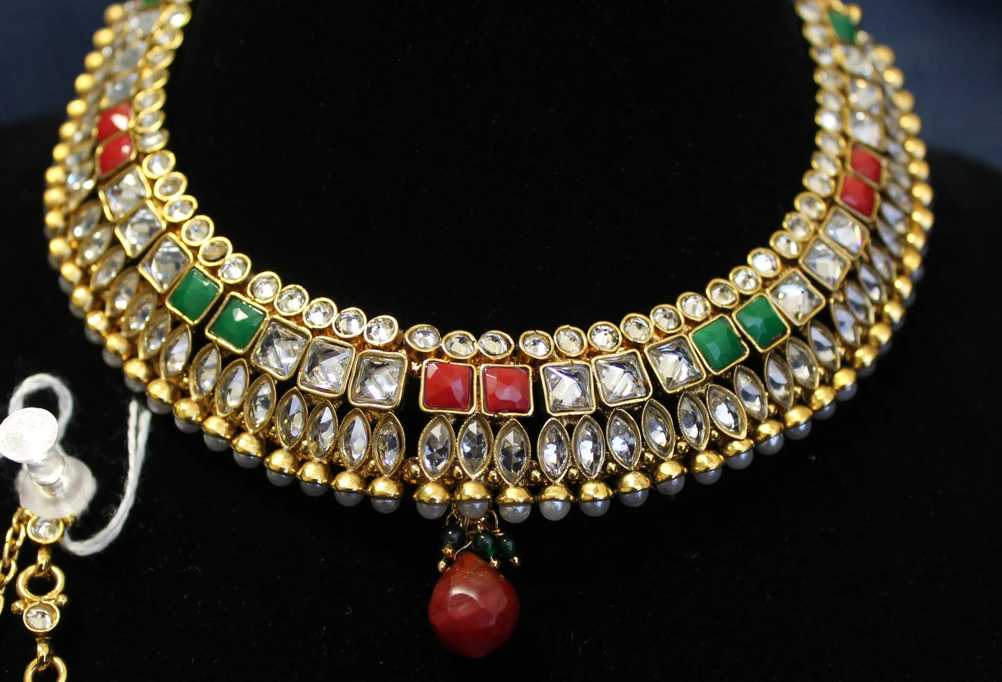 Necklace Set 4491 Golden Zircon Red Green Necklace Maang Tikka Shieno