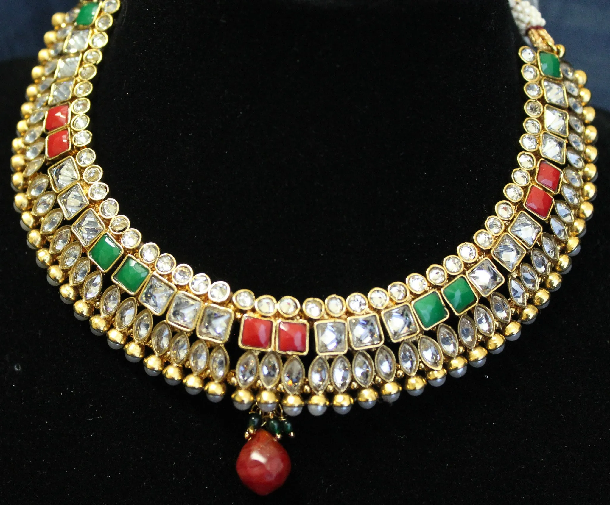 Necklace Set 4491 Golden Zircon Red Green Necklace Maang Tikka Shieno