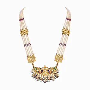 Necklace with Uncut Polki Diamond, Emerald Beads, Pearls and Ruby Beads-KMNE2705