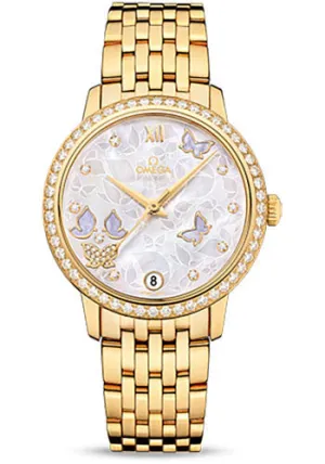 Omega De Ville Prestige Co-Axial Watch - 36.8 mm Yellow Gold Case - Diamond Bezel - Mother-Of-Pearl Diamond Dial - 424.55.33.20.55.005