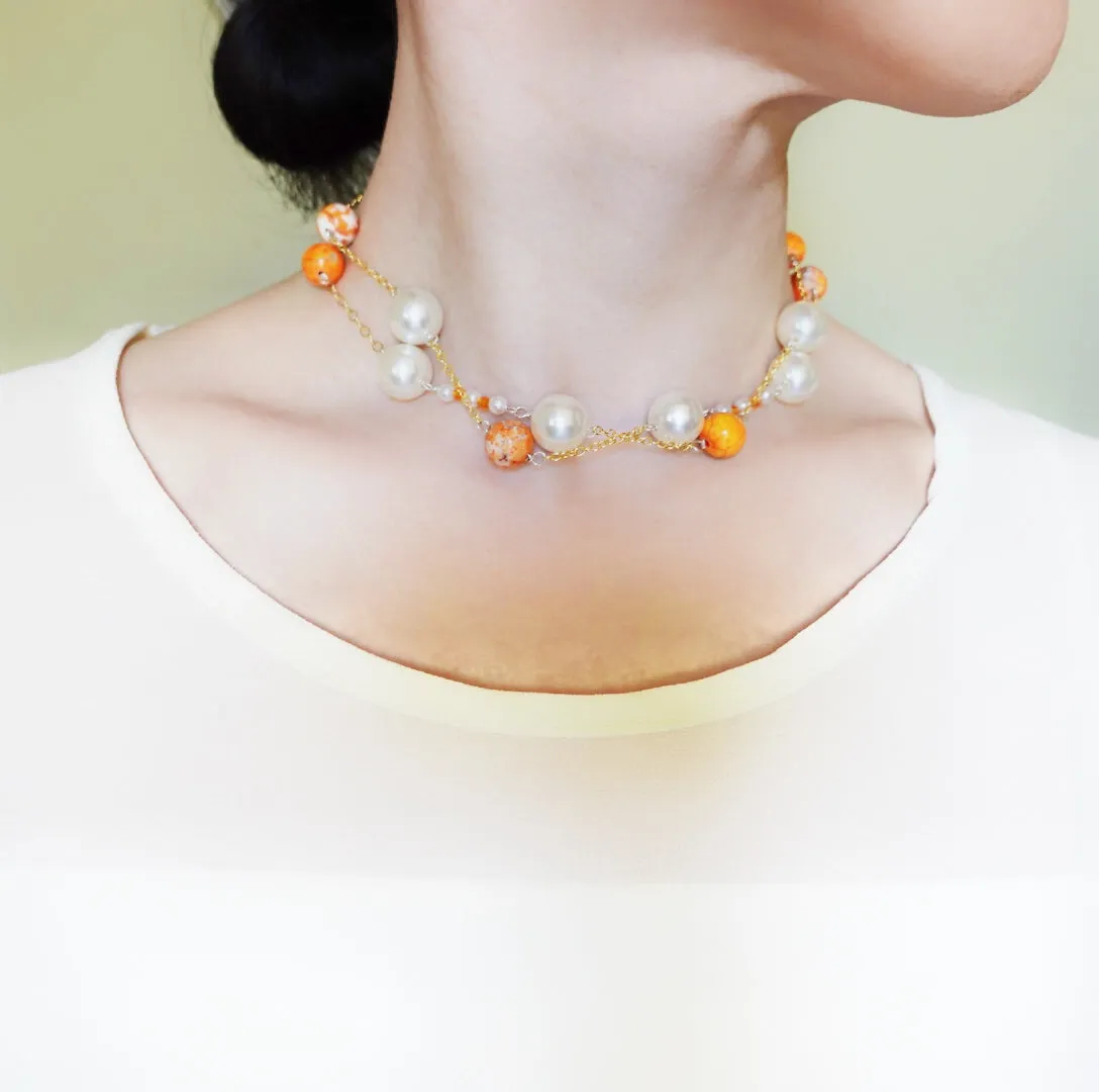 Orange Gemstone and Pearl Necklace and Earrings Set