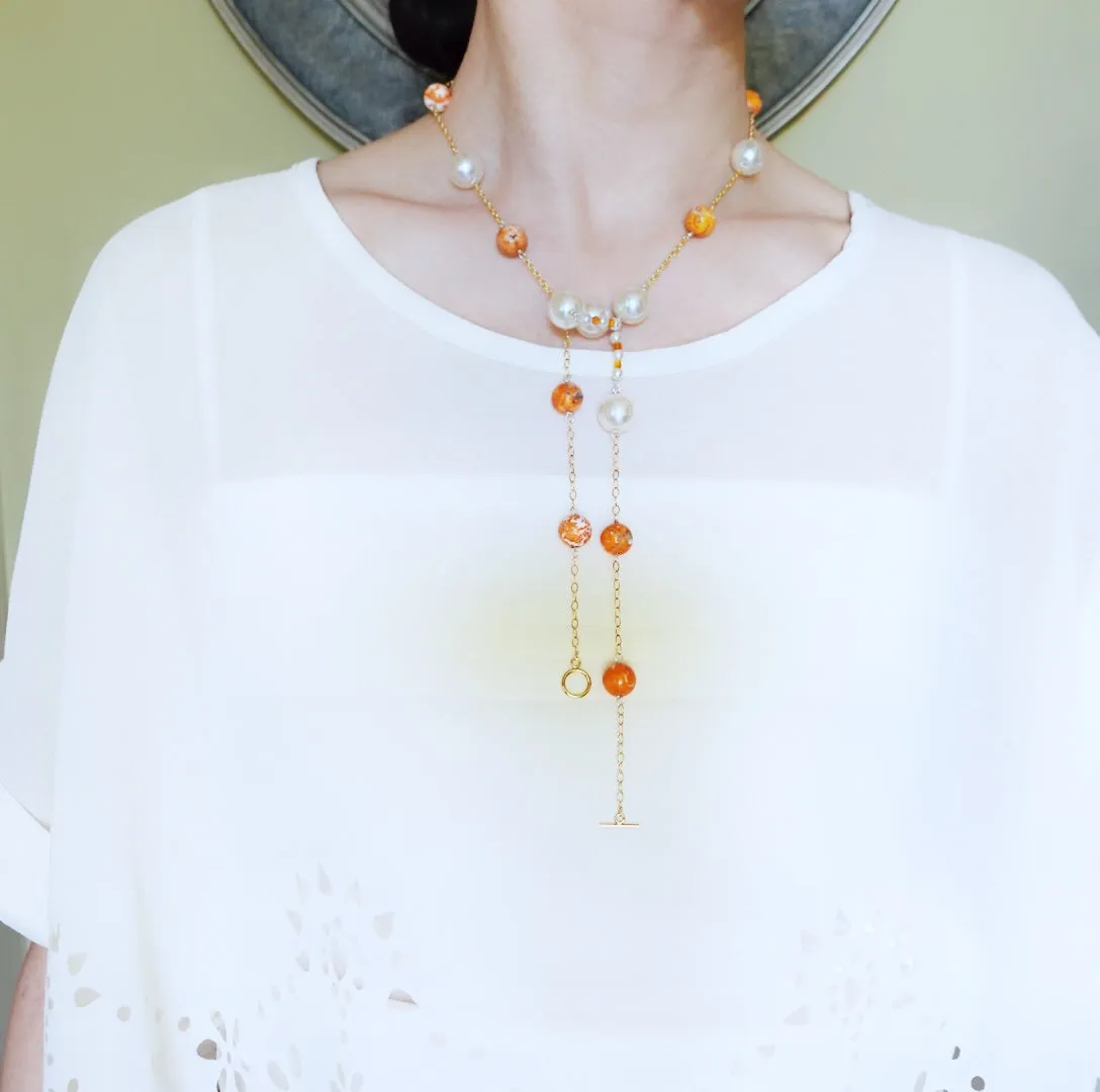 Orange Gemstone and Pearl Necklace and Earrings Set