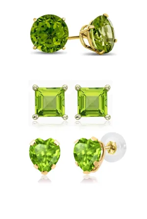 Paris Jewelry 18k Yellow Gold 4Cttw Created Peridot 3 Pair Round, Square And Heart Stud Earrings Plated