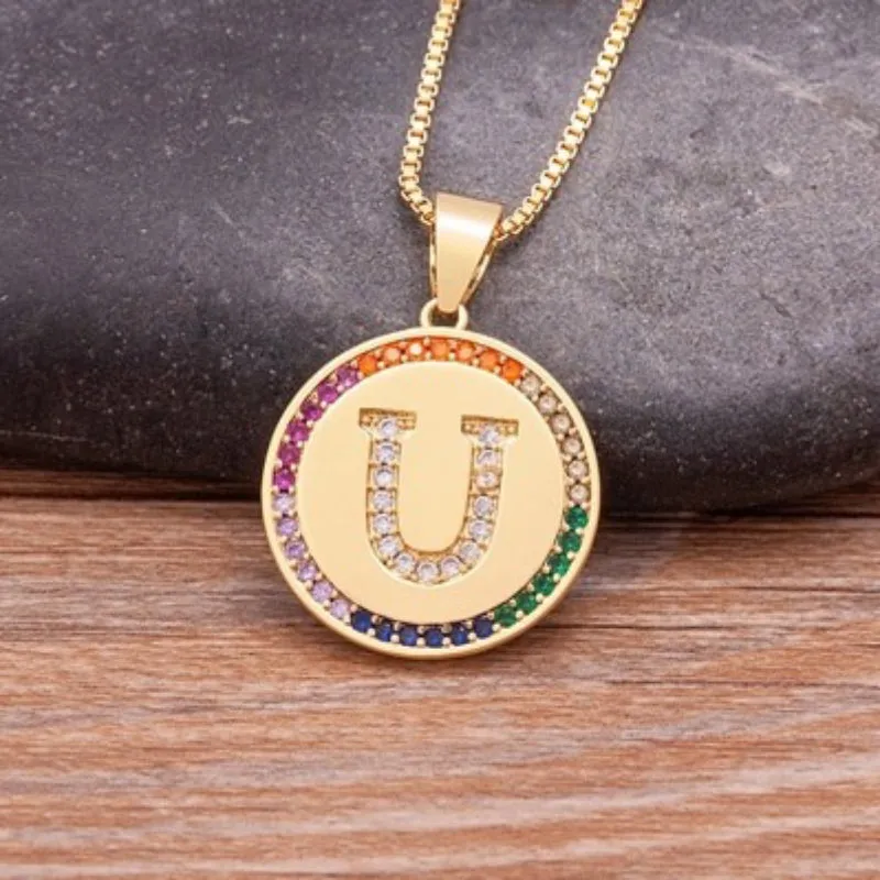 Personalized Rainbow Zircon Bejeweled Initial Letter Pendant Necklaces