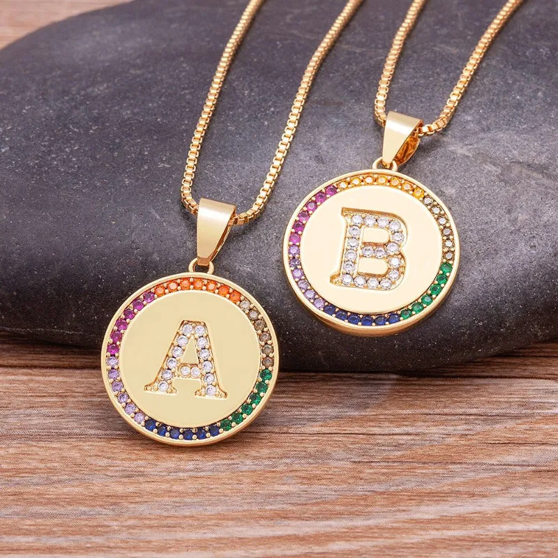 Personalized Rainbow Zircon Bejeweled Initial Letter Pendant Necklaces