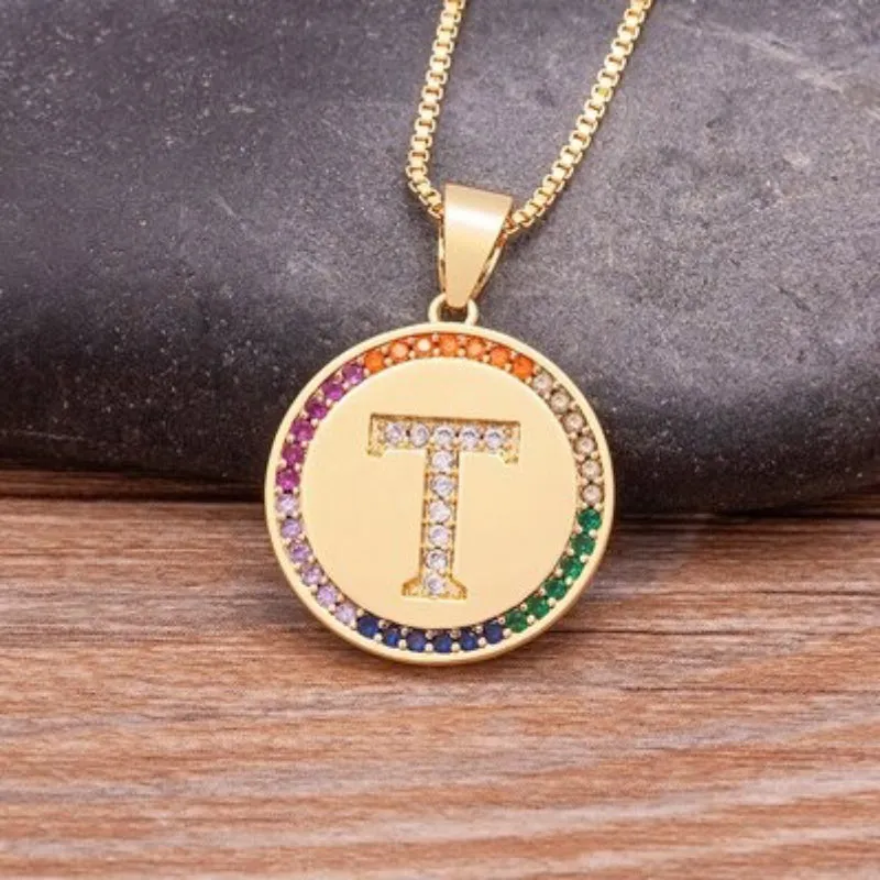 Personalized Rainbow Zircon Bejeweled Initial Letter Pendant Necklaces