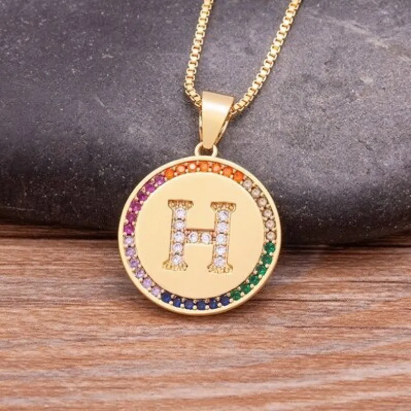 Personalized Rainbow Zircon Bejeweled Initial Letter Pendant Necklaces