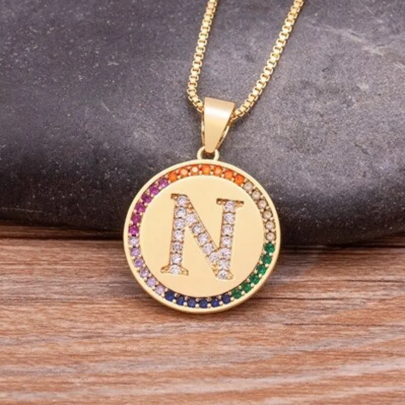 Personalized Rainbow Zircon Bejeweled Initial Letter Pendant Necklaces