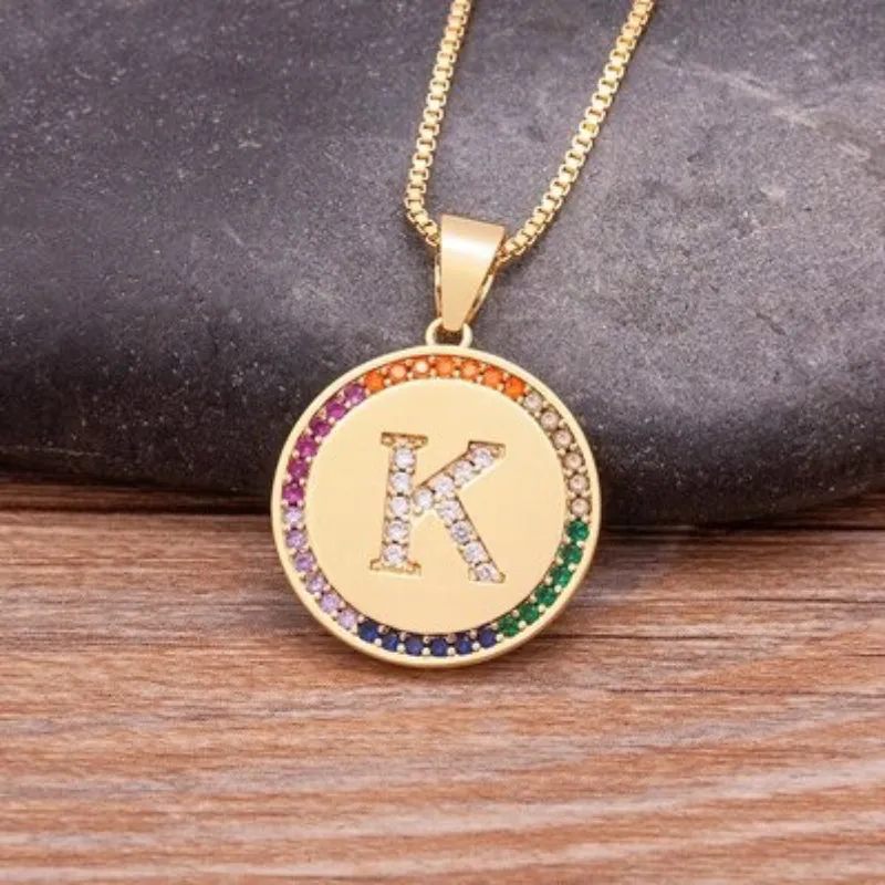 Personalized Rainbow Zircon Bejeweled Initial Letter Pendant Necklaces