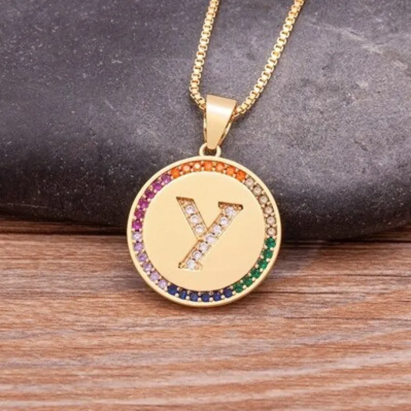 Personalized Rainbow Zircon Bejeweled Initial Letter Pendant Necklaces