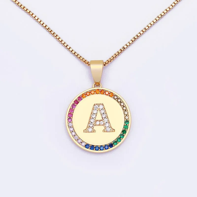 Personalized Rainbow Zircon Bejeweled Initial Letter Pendant Necklaces