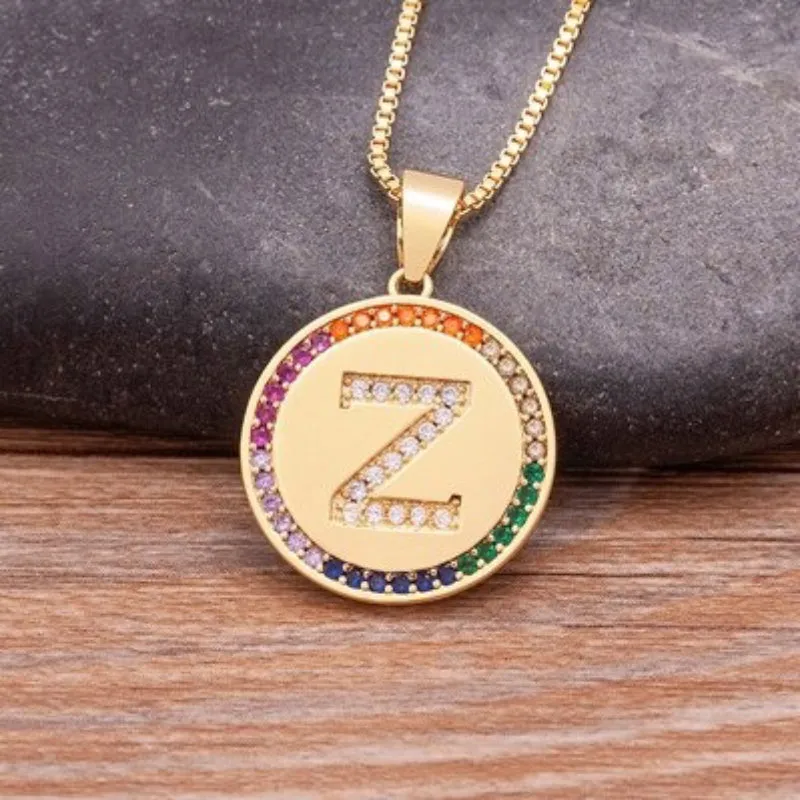 Personalized Rainbow Zircon Bejeweled Initial Letter Pendant Necklaces