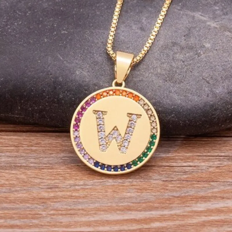 Personalized Rainbow Zircon Bejeweled Initial Letter Pendant Necklaces