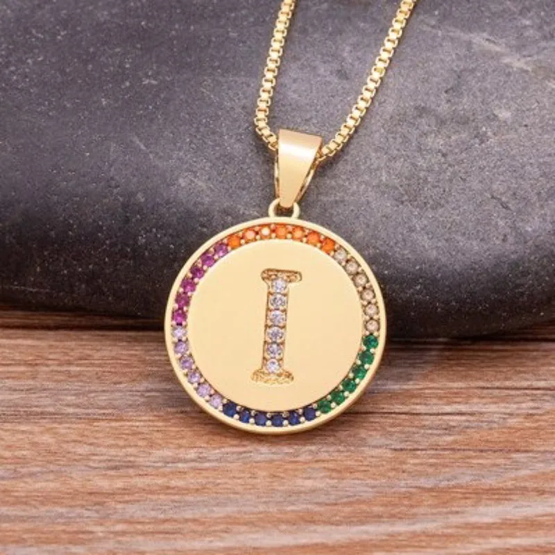 Personalized Rainbow Zircon Bejeweled Initial Letter Pendant Necklaces