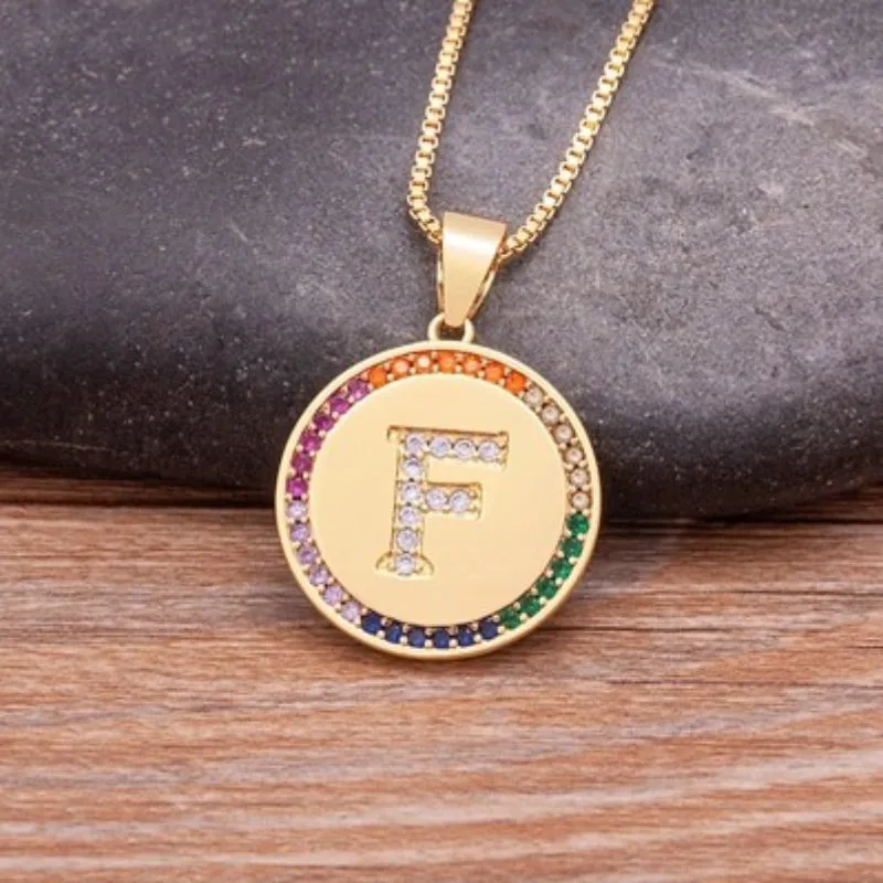 Personalized Rainbow Zircon Bejeweled Initial Letter Pendant Necklaces