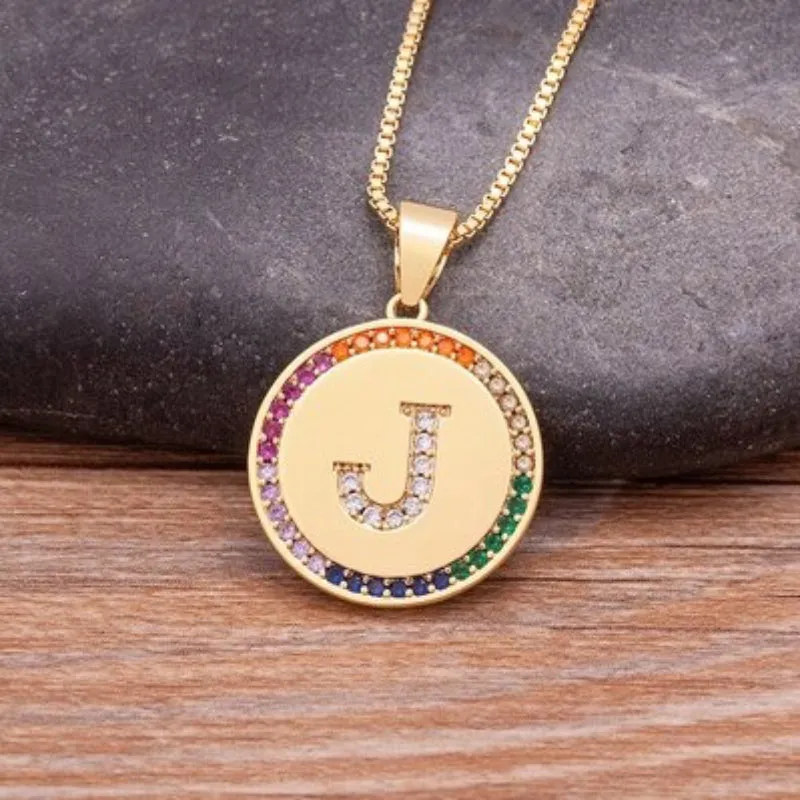 Personalized Rainbow Zircon Bejeweled Initial Letter Pendant Necklaces