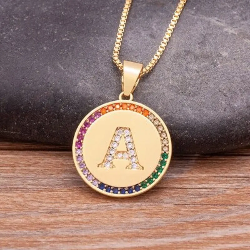 Personalized Rainbow Zircon Bejeweled Initial Letter Pendant Necklaces