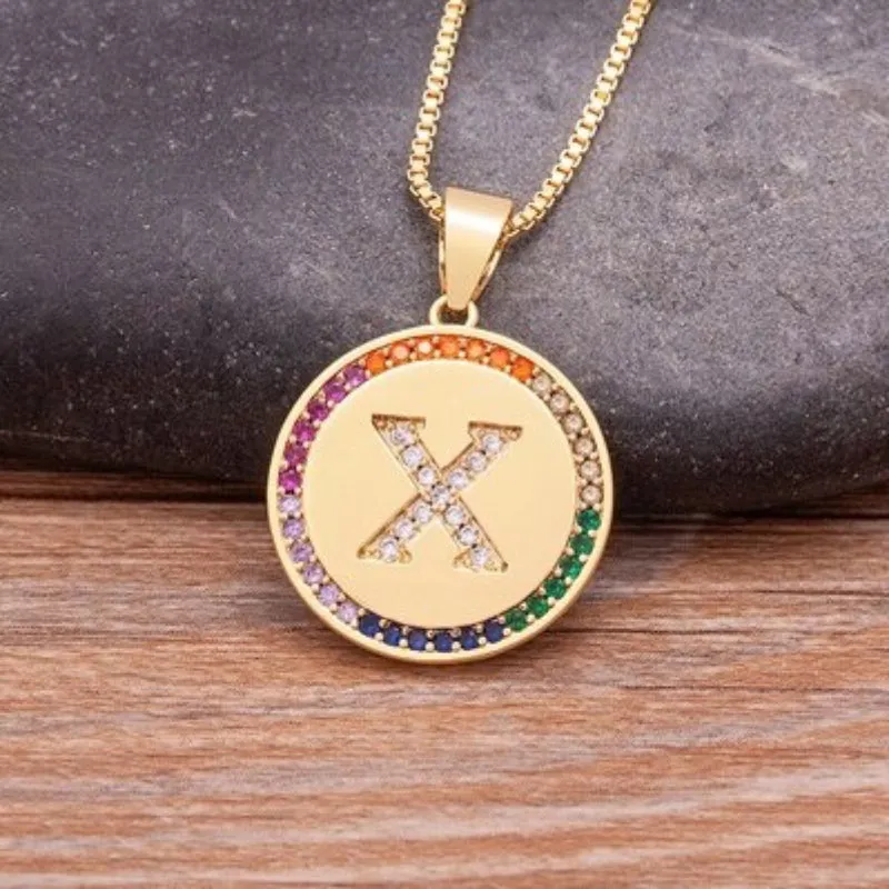 Personalized Rainbow Zircon Bejeweled Initial Letter Pendant Necklaces