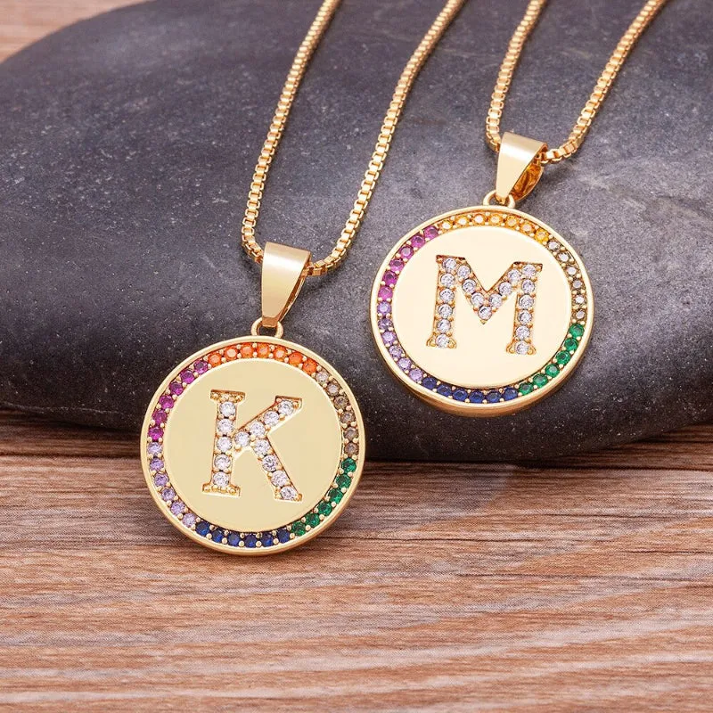 Personalized Rainbow Zircon Bejeweled Initial Letter Pendant Necklaces