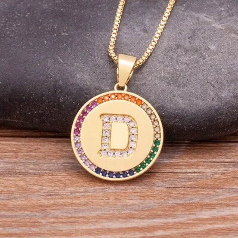 Personalized Rainbow Zircon Bejeweled Initial Letter Pendant Necklaces