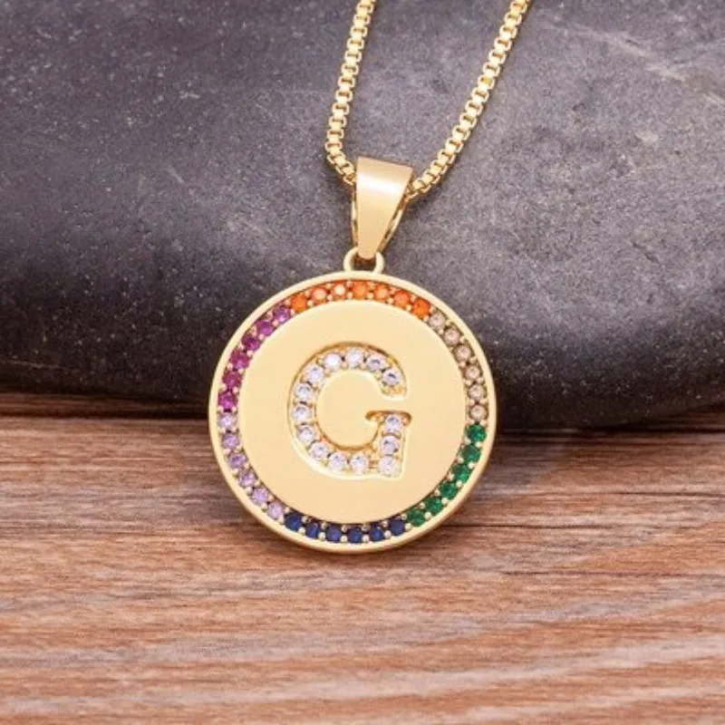 Personalized Rainbow Zircon Bejeweled Initial Letter Pendant Necklaces