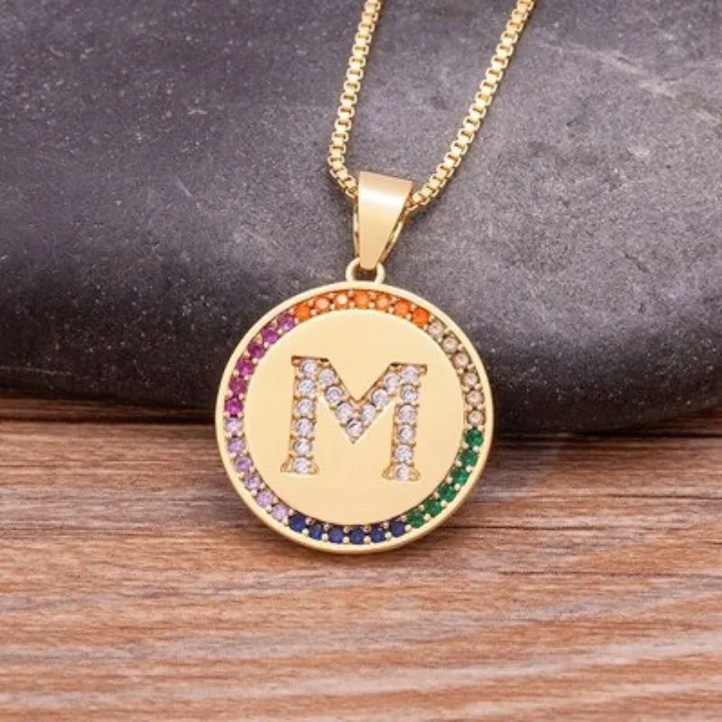 Personalized Rainbow Zircon Bejeweled Initial Letter Pendant Necklaces