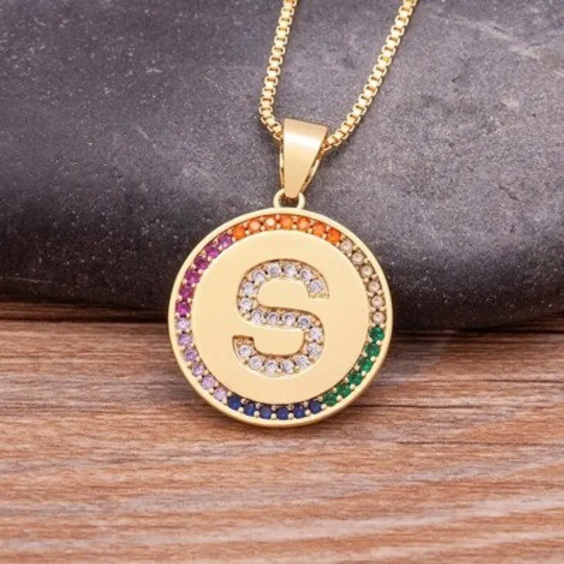 Personalized Rainbow Zircon Bejeweled Initial Letter Pendant Necklaces