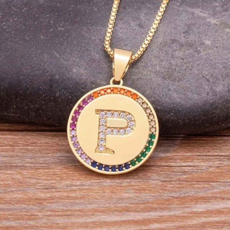 Personalized Rainbow Zircon Bejeweled Initial Letter Pendant Necklaces