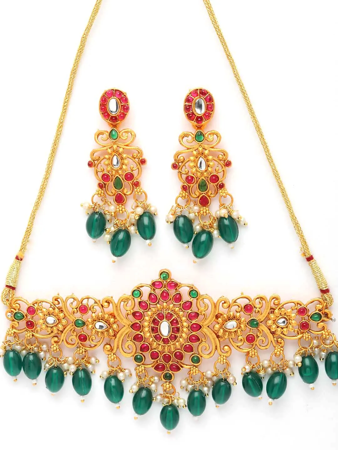 Pink & Green Gold-Plated Ruby Stone-Studded & Green Pearl BeadedJewellery Set