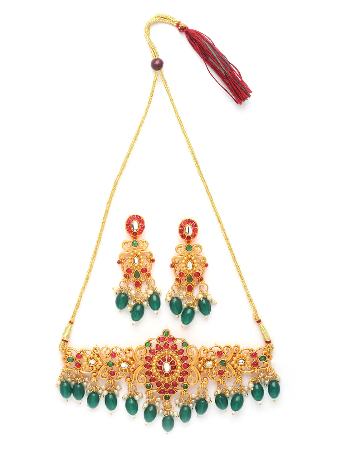 Pink & Green Gold-Plated Ruby Stone-Studded & Green Pearl BeadedJewellery Set