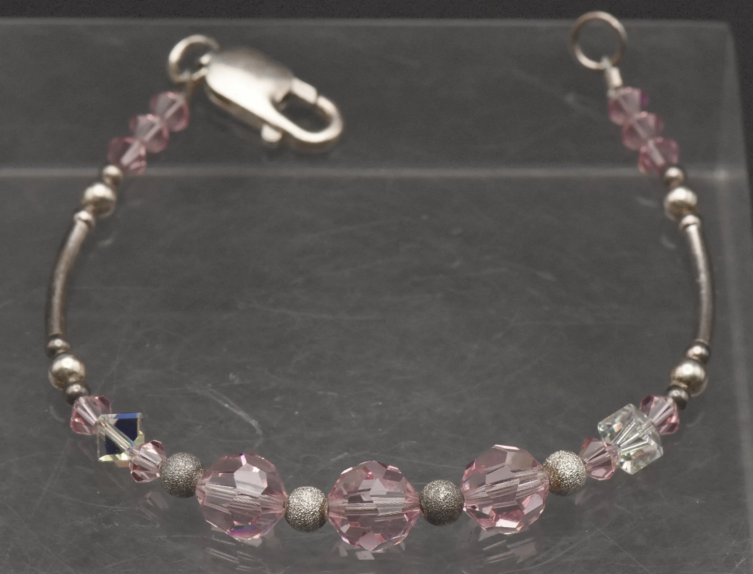 Pink Glass and Silver Beaded Bracelet with Sterling Silver Clasp - 7"